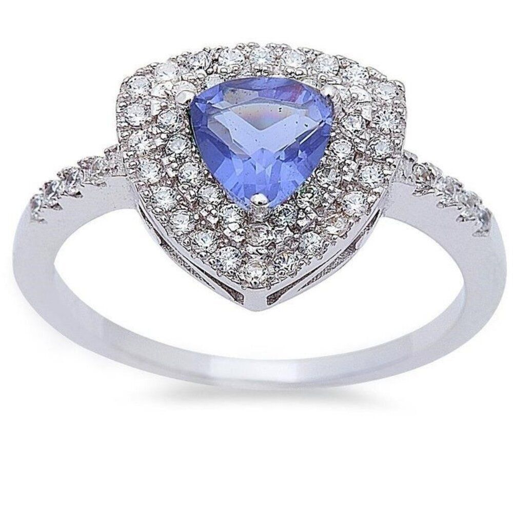 Trillion Cut Tanzanite & White Topaz Halo Ring 1.75ct Size 8 925 Sterling Silver